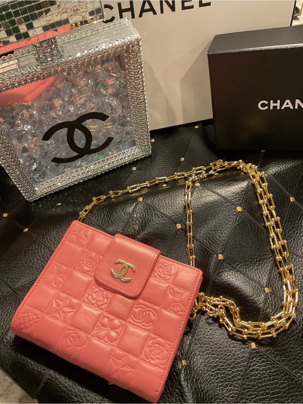 CHANEL Pink Quilted Lambskin Chain Shoulder Bag with Gold Hardware